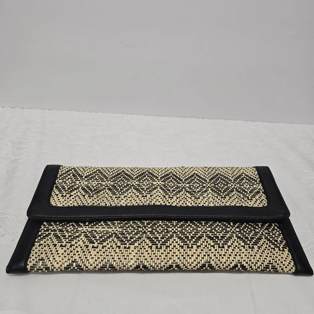 Banana Republic Chevron Straw Clutch Black Vegan Leather Trim Boho Chic NWT